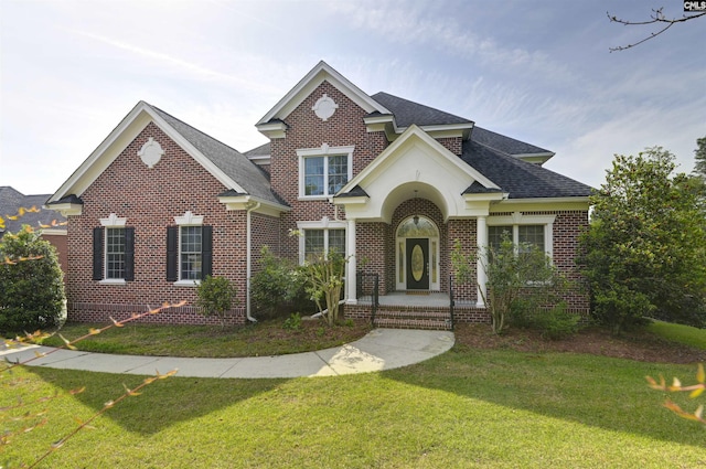 view of front of property featuring brick siding, a shingled roof, and a front lawn