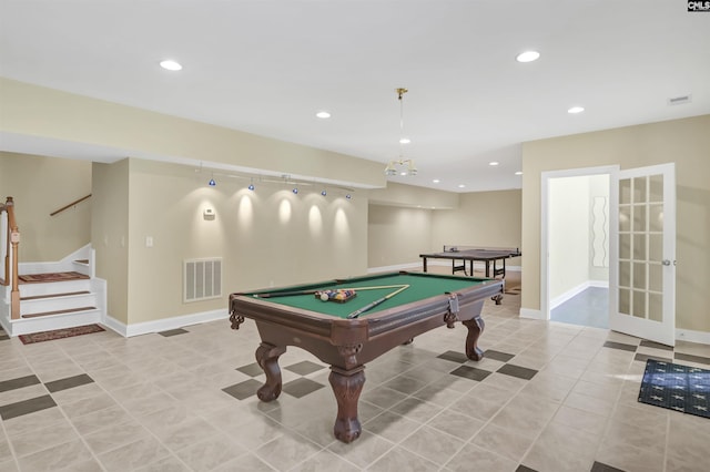 recreation room with recessed lighting, billiards, visible vents, light tile patterned floors, and baseboards