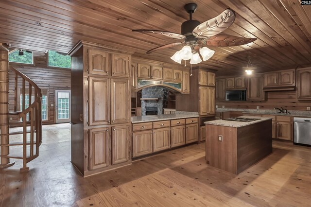 2310 Priceville Rd, Gilbert, SC 29054 - kitchen with stainless steel appliances, light wood-style floors, a ceiling fan, wood ceiling, and a fireplace