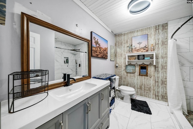320 Brookshire Dr, Columbia, SC 29210 - bathroom with a shower stall, marble finish floor, toilet, and vanity