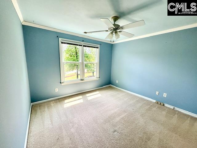 spare room featuring baseboards, carpet flooring, ceiling fan, and crown molding