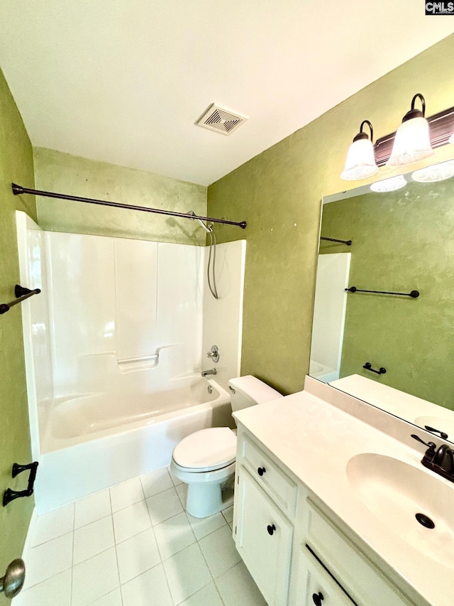 bathroom with toilet, visible vents, shower / bath combination, tile patterned flooring, and vanity