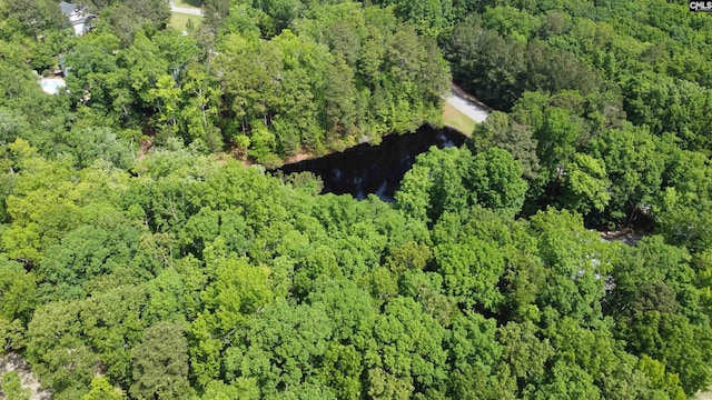 drone / aerial view with a water view and a wooded view