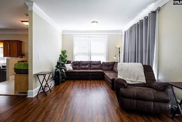 living area with baseboards, wood finished floors, and crown molding