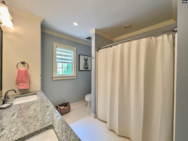 110 Columbia Club Dr, Blythewood, SC 29016 - full bath with toilet, double vanity, ornamental molding, baseboards, and recessed lighting