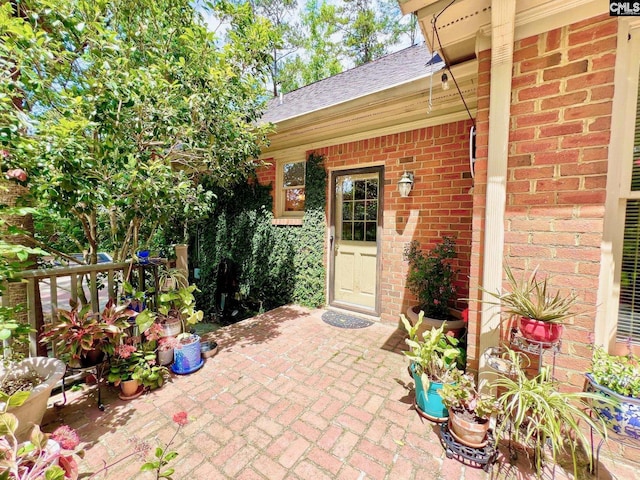 110 Columbia Club Dr, Blythewood, SC 29016 - doorway to property with brick siding, a shingled roof, and a patio