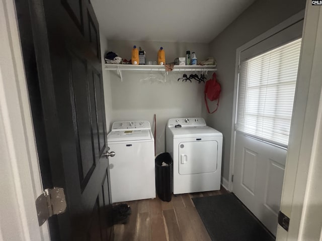 clothes washing area featuring wood finished floors, washer and clothes dryer, and laundry area