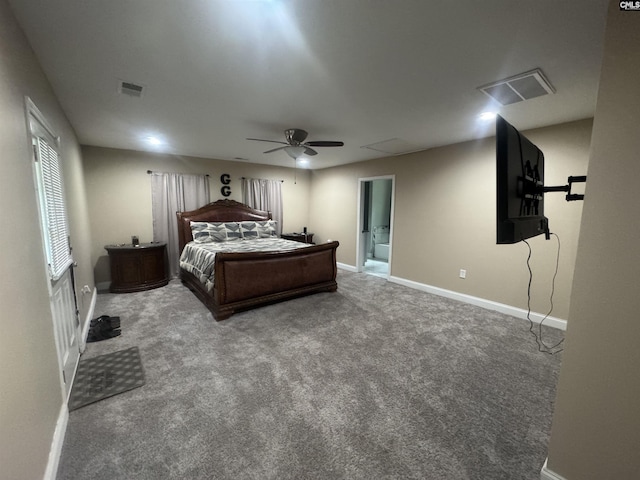 bedroom featuring a ceiling fan, baseboards, carpet floors, and visible vents