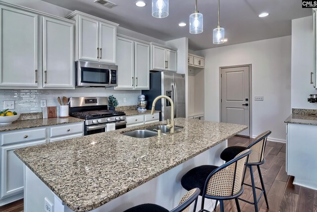 207 Ashewicke Dr, Columbia, SC 29229 - kitchen with stainless steel appliances, a sink, a center island with sink, dark wood finished floors, and light stone counters