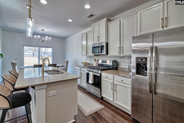 207 Ashewicke Dr, Columbia, SC 29229 - kitchen with backsplash, visible vents, a sink, dark wood-type flooring, and appliances with stainless steel finishes