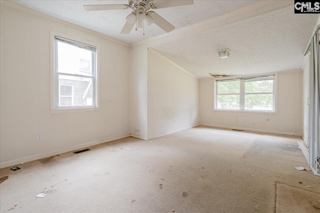 143 Indian Cove Rd, Chapin, SC 29036 - spare room featuring a textured ceiling, carpet floors, visible vents, and ornamental molding