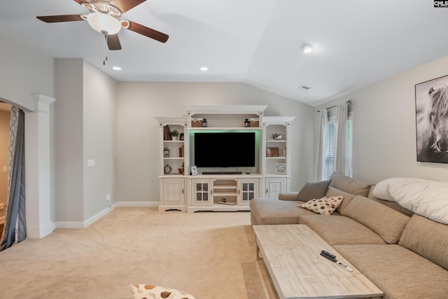 living room featuring vaulted ceiling, visible vents, recessed lighting, light colored carpet, and ceiling fan