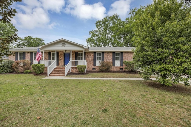 ranch-style house with a porch, crawl space, brick siding, and a front yard