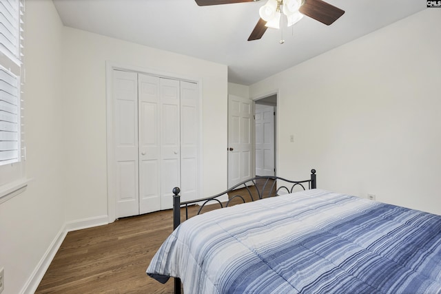 bedroom featuring baseboards, wood finished floors, a closet, and multiple windows