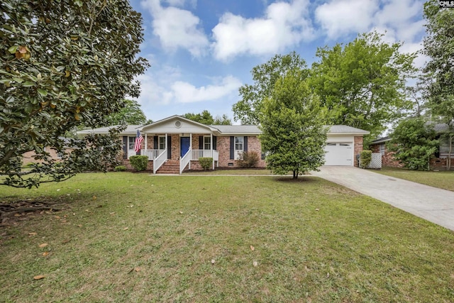 ranch-style home with concrete driveway, a porch, brick siding, a front yard, and a garage