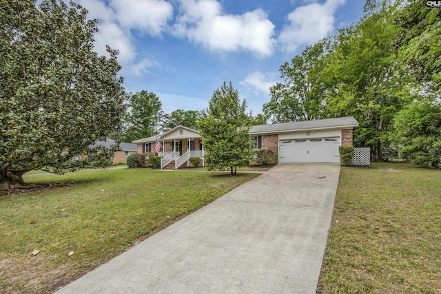 single story home featuring concrete driveway, covered porch, a front yard, a garage, and brick siding