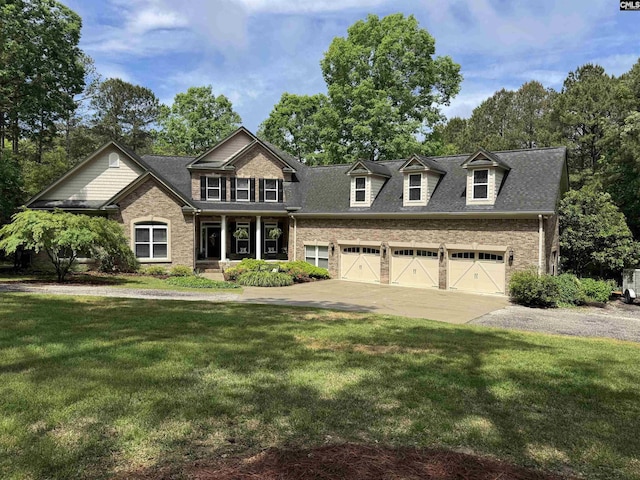 1437 Heins Rd, Blythewood, SC 29016 - craftsman house featuring driveway, covered porch, a front yard, a garage, and brick siding