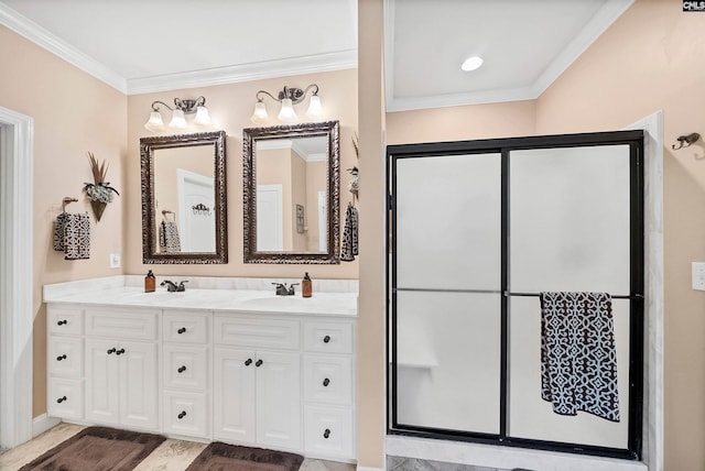 1437 Heins Rd, Blythewood, SC 29016 - full bathroom featuring ornamental molding, double vanity, a sink, and a shower stall