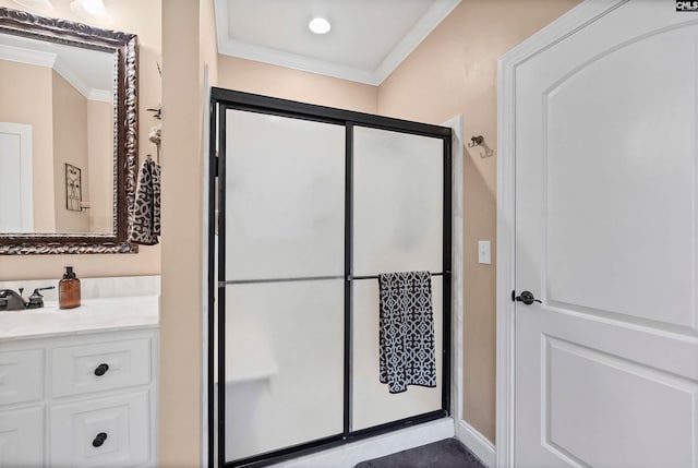 1437 Heins Rd, Blythewood, SC 29016 - bathroom featuring a shower stall, baseboards, ornamental molding, and vanity