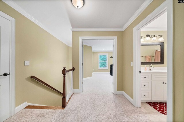 1437 Heins Rd, Blythewood, SC 29016 - corridor featuring a sink, an upstairs landing, baseboards, ornamental molding, and light colored carpet