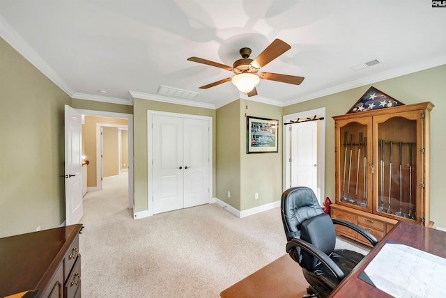 1437 Heins Rd, Blythewood, SC 29016 - office with visible vents, ceiling fan, light carpet, and baseboards