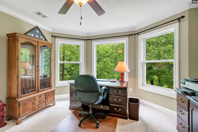 1437 Heins Rd, Blythewood, SC 29016 - office area with baseboards, visible vents, carpet, a ceiling fan, and crown molding