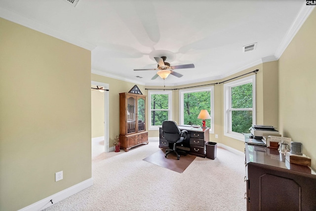 1437 Heins Rd, Blythewood, SC 29016 - office area with carpet floors, ceiling fan, ornamental molding, and baseboards