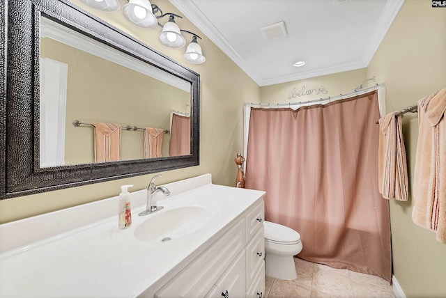 1437 Heins Rd, Blythewood, SC 29016 - full bath featuring tile patterned floors, toilet, visible vents, vanity, and ornamental molding