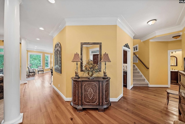 1437 Heins Rd, Blythewood, SC 29016 - hall with recessed lighting, wood finished floors, stairs, ornamental molding, and baseboards