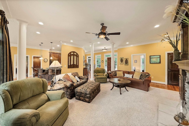 1437 Heins Rd, Blythewood, SC 29016 - living area with a fireplace with flush hearth, baseboards, recessed lighting, decorative columns, and a ceiling fan