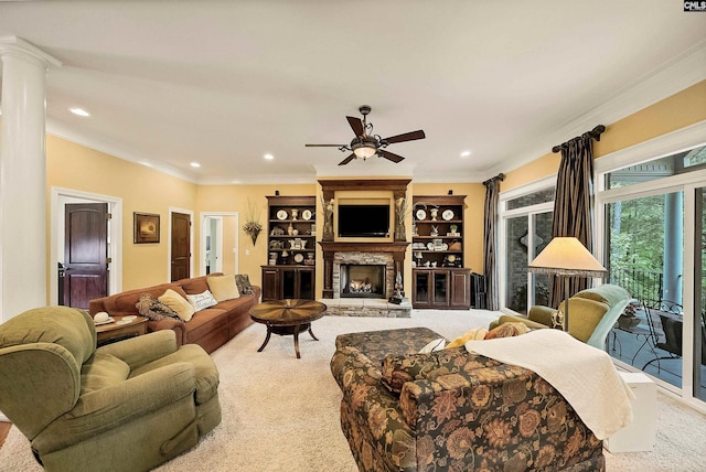 1437 Heins Rd, Blythewood, SC 29016 - carpeted living room featuring recessed lighting, a fireplace, crown molding, and ceiling fan
