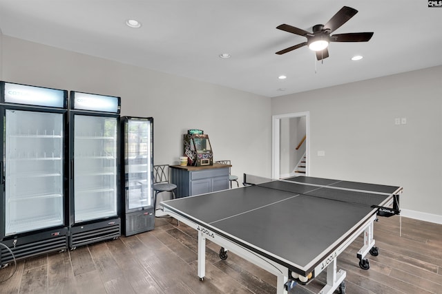 playroom with recessed lighting, wood finished floors, and a ceiling fan