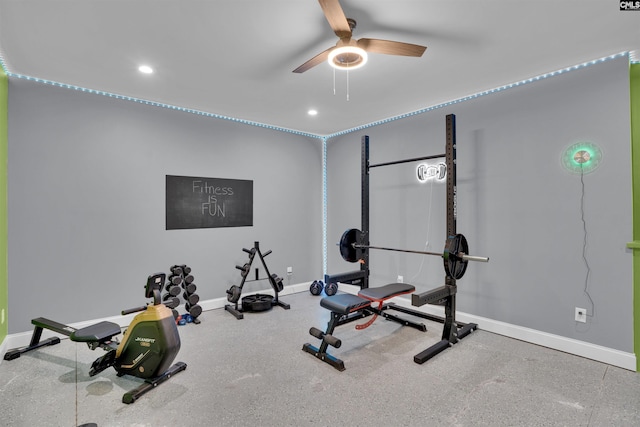 exercise area featuring baseboards, recessed lighting, and ceiling fan