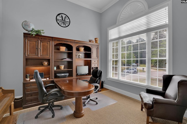 office space with baseboards, crown molding, and plenty of natural light