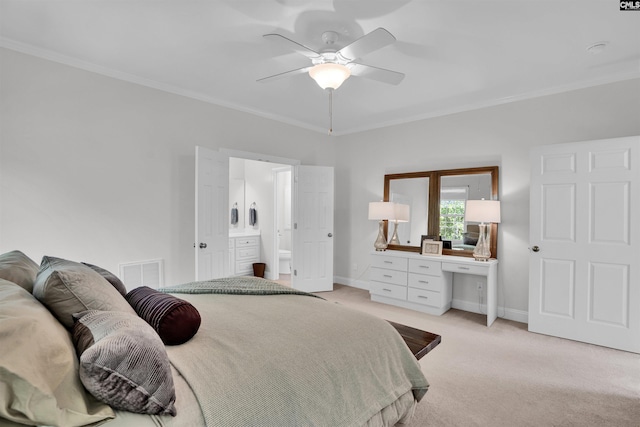 bedroom featuring visible vents, baseboards, ornamental molding, and light carpet