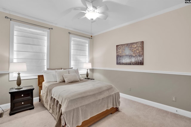 bedroom with baseboards, ornamental molding, ceiling fan, and light colored carpet