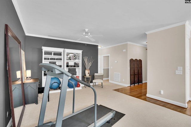 exercise area featuring ceiling fan, visible vents, carpet, baseboards, and ornamental molding