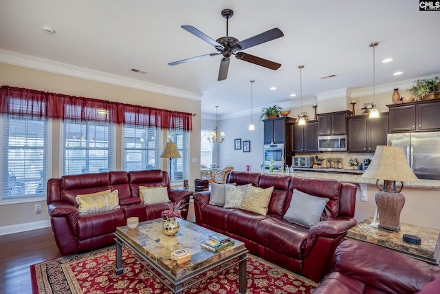 living area with recessed lighting, baseboards, wood finished floors, and ceiling fan with notable chandelier