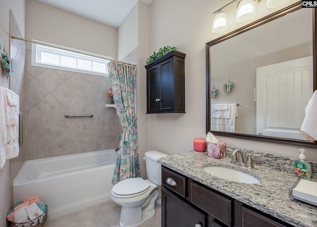 bathroom with tile patterned floors, shower / bathtub combination with curtain, toilet, and vanity