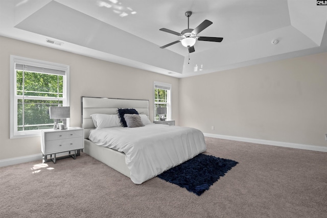 bedroom featuring a raised ceiling, visible vents, baseboards, and carpet floors