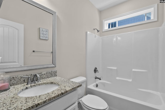 full bathroom featuring toilet, shower / bathtub combination, and vanity