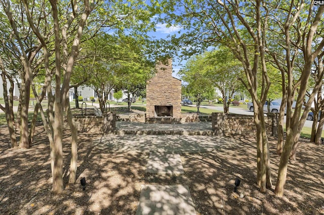 view of yard featuring an outdoor stone fireplace