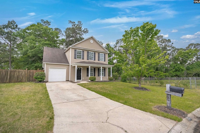 view of front of house with a porch, a front lawn, a garage, driveway, and fence