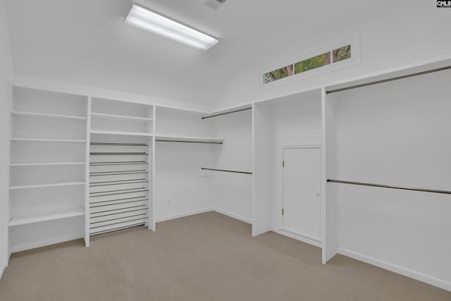 walk in closet featuring lofted ceiling and carpet flooring