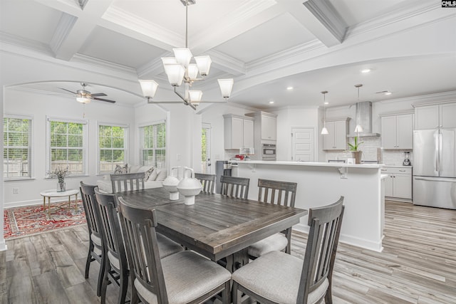 dining area featuring recessed lighting, beamed ceiling, ceiling fan with notable chandelier, and light wood finished floors