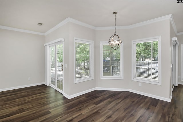 unfurnished dining area featuring dark wood-style floors, visible vents, an inviting chandelier, and plenty of natural light