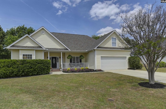 view of front of home featuring driveway, a front yard, roof with shingles, and a porch