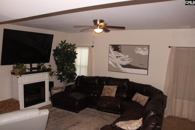 640 Mangrove Trl, Columbia, SC 29229 - carpeted living room with a fireplace with raised hearth and a ceiling fan