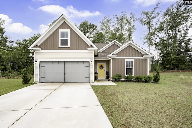 craftsman inspired home with concrete driveway, a front yard, a garage, and board and batten siding