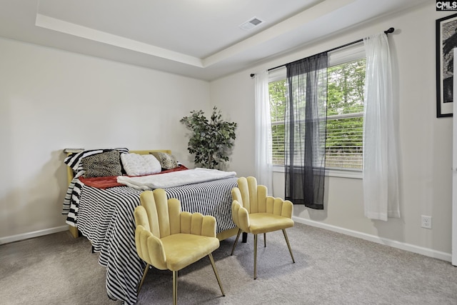 carpeted bedroom with baseboards, visible vents, and a raised ceiling